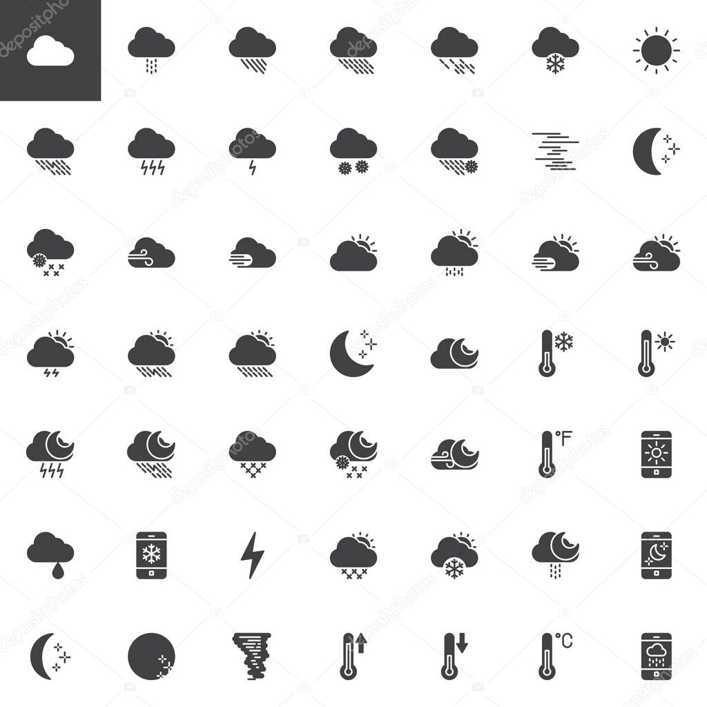 Weather seasons vector icons set, modern solid symbol collection, filled style pictogram pack. Signs, logo illustration. Set includes icons as Cloud, Rain, Hail Storm, Thunder, Snow, Windy, Lightning