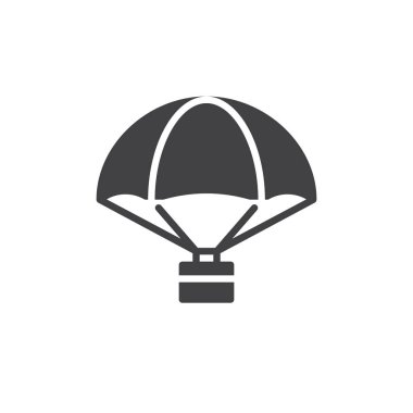 Paraşüt ile kargo simge vektör, dolu düz işareti, üzerinde beyaz izole katı piktogram. Teslim hava balon sembolü, logo illüstrasyon.