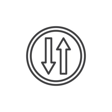 Yukarı ve aşağı okları trafik işareti satırı simgesi, Anahat vektör işareti, üzerinde beyaz izole doğrusal stil piktogram. İki yol yol sembolü, logo illüstrasyon. Düzenlenebilir kontur