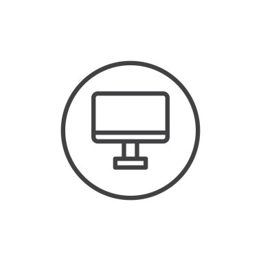 Bilgisayar monitörü satırı simgesi, Anahat vektör işareti üzerinde beyaz izole doğrusal stil piktogram. Görüntü simgesi, logo illüstrasyon. Düzenlenebilir kontur