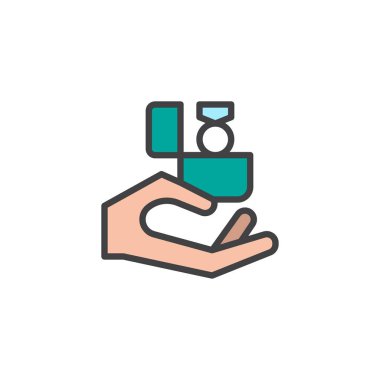 Hediye kutusu yüzüklü tutan el anahat simgesini, çizgi vektör işareti, üzerinde beyaz izole doğrusal renkli sembol dolu. Nişan sembolü, logo illüstrasyon. Piksel mükemmel vektör grafikleri