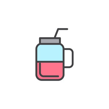 Güler yüzlü kavanoza güler yüzlü içki dolu anahat simgesini, çizgi vektör işareti, üzerinde beyaz izole doğrusal renkli sembol. Sembol, logo illüstrasyon. Piksel mükemmel vektör grafikleri