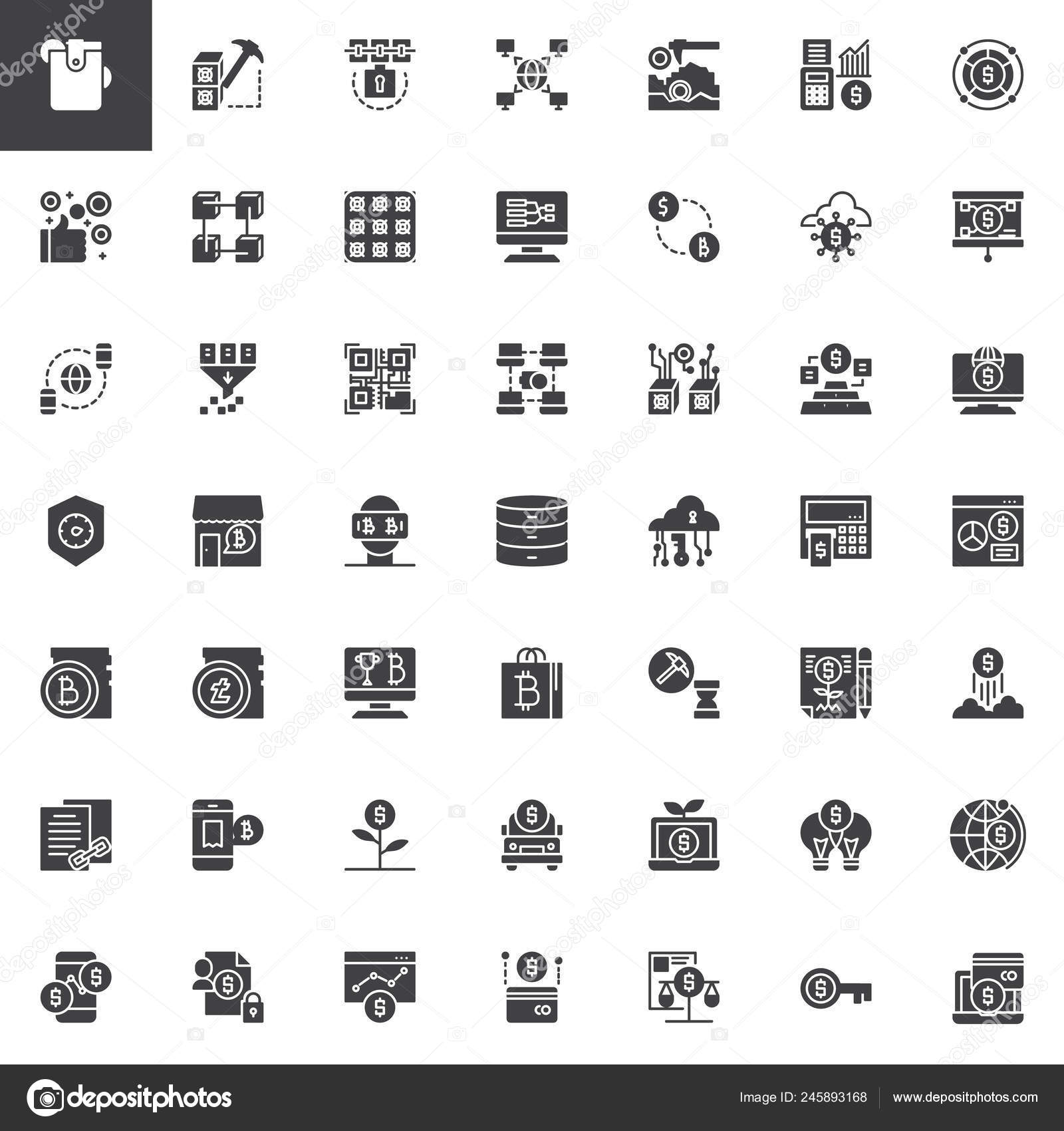 Cryptocurrency とフィンテックのベクトルのアイコンを設定 固体シンボル コレクション 絵文字パック ロゴの図 セット内容  Cryptocurrency フィンテック Blockchain ストックベクター ©avicons 245893168