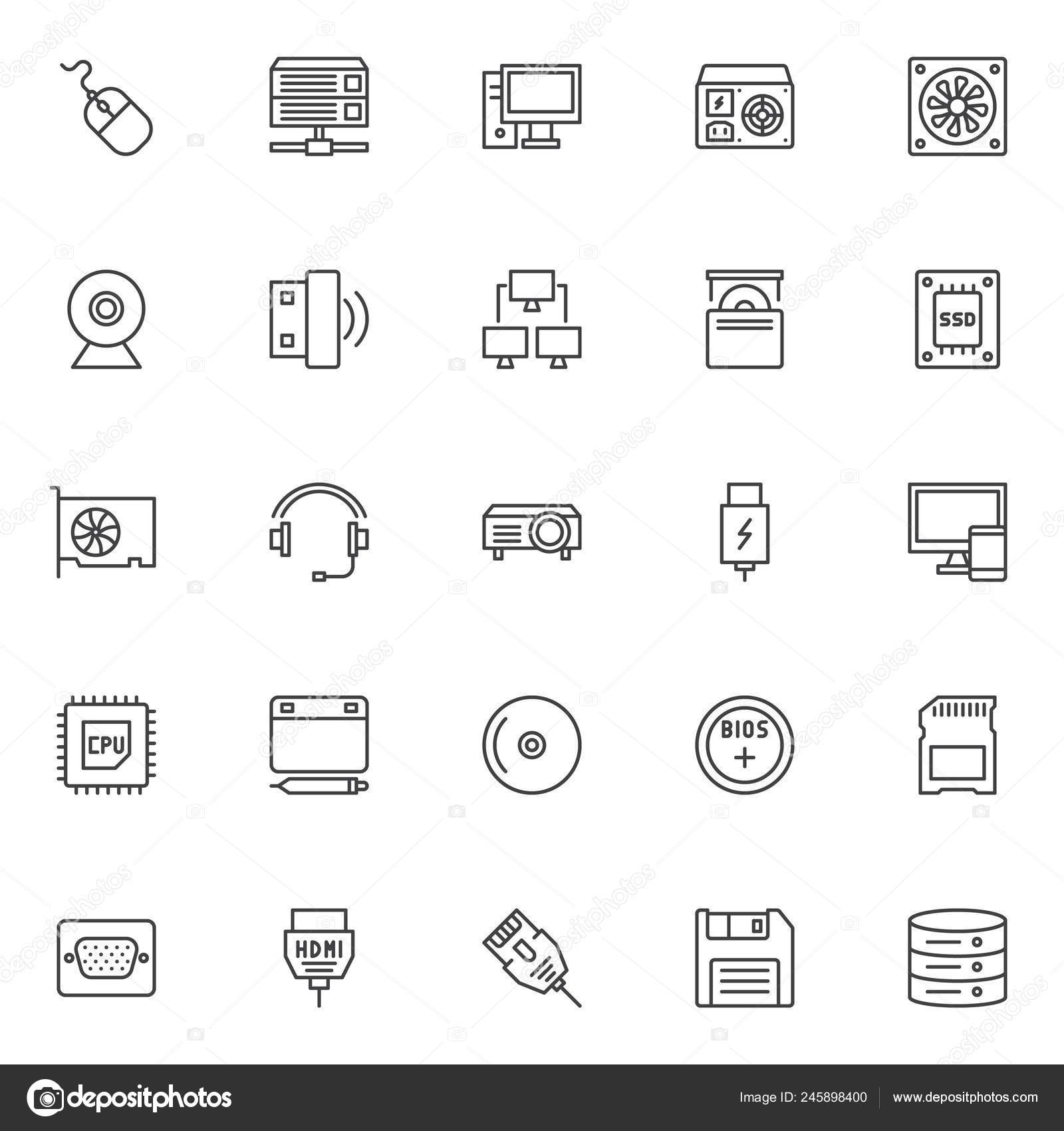 Computer Device Elements Outline Icons Set Linear Style Symbols