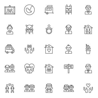 Aile üyeleri Icons set anahat. Doğrusal stil semboller koleksiyonu, hat paketi imzalar. vektör grafikleri. Resim fotoğraf çerçevesi, gebelik, karavan römork ev, Büyükbaba, Bebek olarak simgeler içerir
