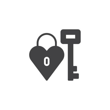 Kalp kilit anahtar simgesi ile vektör, dolu düz işareti, üzerinde beyaz izole katı piktogram. Sevgililer günü sembolü, logo illüstrasyon.