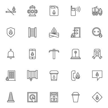 Itfaiye öğeleri Icons set anahat. Doğrusal stil semboller koleksiyonu, hat paketi imzalar. vektör grafikleri. Sigara ve alev, itfaiye Hidrant, walkie talkie, kamyon gibi simgeler içerir