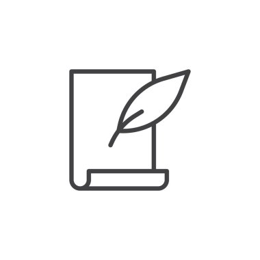 Tüy kalem ve kağıt sayfası satırı simgesi, vektör işareti, anahat kaydırma doğrusal stil piktogram beyaz izole. Copywriting sembolü, logo illüstrasyon. Düzenlenebilir kontur