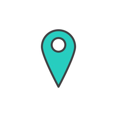 Konumu PIN doldurulmuş anahat simgesini, çizgi vektör işareti, üzerinde beyaz izole doğrusal renkli sembol. Harita işaretçi simgesi, logo illüstrasyon. Piksel mükemmel vektör grafikleri