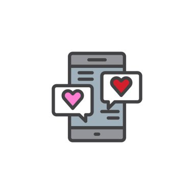 Sevgi dolu sohbet anahat simgesi, çizgi vektör işareti, üzerinde beyaz izole doğrusal renkli sembol hareket eden telefon. Telefon ile kalpleri konuşma sembolü, logo illüstrasyon kabarcıklar. Piksel mükemmel vektör grafikleri