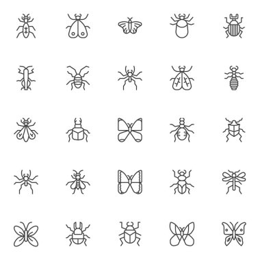 Böcekler ve böcek Icons set anahat. Doğrusal stil semboller koleksiyonu, hat paketi imzalar. vektör grafikleri. Simgeler içerir