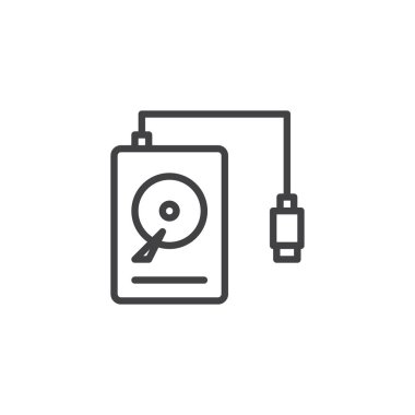 Taşınabilir Hdd satırı simgesi, anahat vektör işareti üzerinde beyaz izole doğrusal stil piktogram. Sabit disk disk simgesi, logo illüstrasyon. Düzenlenebilir kontur