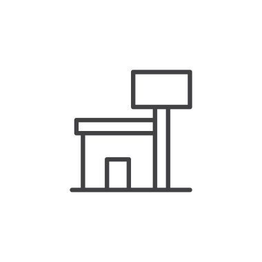 Dükkanı bina ve billboard satırı simgesi, vektör işareti, üzerinde beyaz izole doğrusal stil piktogram anahat. Sembol, logo illüstrasyon. Düzenlenebilir kontur