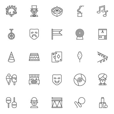 Sirk elemanları Icons set anahat. Doğrusal stil semboller koleksiyonu, hat paketi imzalar. vektör grafikleri. Set simgeleri yangın, sihirbaz sirk aktör, karnaval maskesi, pamuk şeker, dondurma halkası olarak içerir.