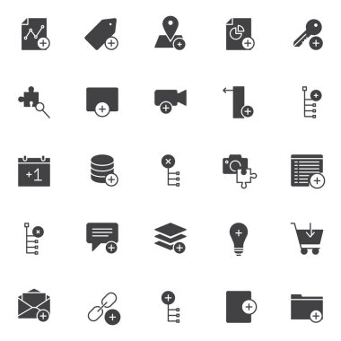 Öğeleri vektör simgeleri eklemek küme, modern katı sembolü koleksiyonu, dolu tarz piktogram paketi. İşaretler logo illüstrasyon. Grafik, etiket, konumu, pasta grafik, anahtar, Büyüteç Camı, video simgeler içerir