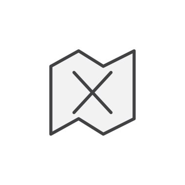 X işareti ile harita doldurulmuş anahat simgesini, çizgi vektör işareti, üzerinde beyaz izole doğrusal renkli sembol. Sembol, logo illüstrasyon. Piksel mükemmel vektör grafikleri