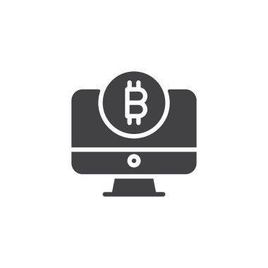 Bitcoin vektör simgesi olan bilgisayar monitörü. Mobil kavramı ve web tasarım için düz işareti dolu. Araştırma Kripto sanal para basit katı simgesi. Cryptocurrency sembolü, logo illüstrasyon. Vektör grafikleri