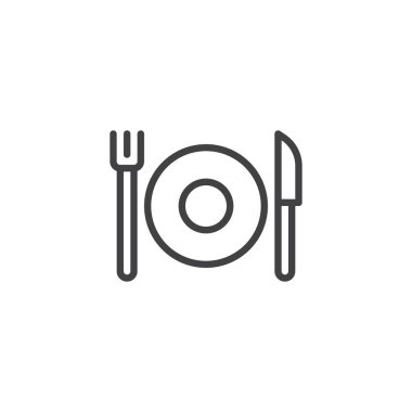 Çatal bıçak takımı anahat simgesi ile plaka. Mobil kavramı ve web tasarım için doğrusal stili işaret. Çatal ve bıçak tabak basit çizgi vektör simgesi olan. Yemek sembol, logo illüstrasyon. Piksel mükemmel vektör grafikleri