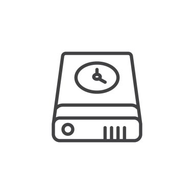 Veri kurtarma, dış zaman makinesi satırı simgesi, anahat vektör işareti üzerinde beyaz izole doğrusal stil piktogram. Sembol, logo illüstrasyon. Düzenlenebilir kontur