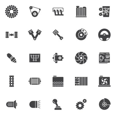 Araba motoru vektör simgeler kümesi, modern katı simgesi toplama, dolgulu tarz piktogram paketi. İşaretler, logo illüstrasyon. Set simgeleri dişli, Kemer sürücü, araba egzoz manifoldu, radyatör içerir.