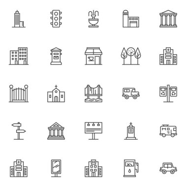 Şehir binaları Icons set anahat. Doğrusal stil semboller koleksiyonu, hat paketi imzalar. vektör grafikleri. Set simgeleri olarak gökdelen, trafik ışığı içerir, Çeşme, Yangın İstasyonu, Adliyesi, hastane
