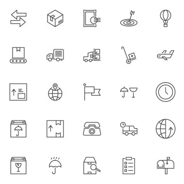Lojistik anahat simgelerini belirlemek. Doğrusal stil semboller koleksiyonu, hat paketi imzalar. vektör grafikleri. Sol sağ ok, teslim kutusunda, posta pulu, hedef tahtası, konveyör bant olarak simgeler içerir