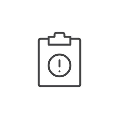 Pano ile ünlem işareti satırı simgesi, anahat vektör işareti, üzerinde beyaz izole doğrusal stil piktogram. Önemli belge simgesi, logo illüstrasyon. Düzenlenebilir kontur