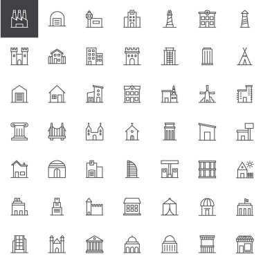 Binalar satır Icons set, anahat vektör simgesi toplama, doğrusal tarz piktogram paketi. İşaretler, logo illüstrasyon. Fabrika, depo, Havaalanı, hastane, deniz feneri, kale gibi simgeler içerir