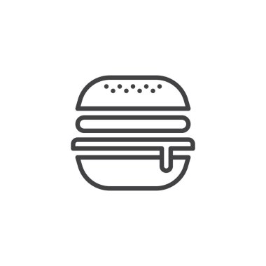 Hamburger satırı simgesi, anahat vektör işareti üzerinde beyaz izole doğrusal stil piktogram. Fast food burger sembolü, logo illüstrasyon. Düzenlenebilir kontur