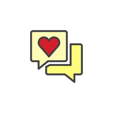 Konuşma balonu kalp ile doldurulmuş anahat simgesini, çizgi vektör işareti, üzerinde beyaz izole doğrusal renkli sembol. İleti simgesi, logo illüstrasyon seviyorum. Piksel mükemmel vektör grafikleri