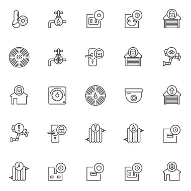 Otomasyon öğeleri Icons set anahat. Doğrusal stil semboller koleksiyonu, hat paketi imzalar. vektör grafikleri. Sıcaklık sıcak, musluk suyu, kapalı garaj, kilidi alarm duman soket simgeler içerir