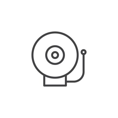 Acil Alarm sesi satırı simgesi, anahat vektör işareti üzerinde beyaz izole doğrusal stil piktogram. Yangın alarm zili sembolü, logo illüstrasyon. Düzenlenebilir kontur