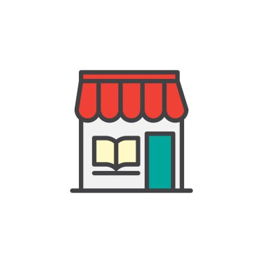 Kitapçı bina dolu anahat simgesini, çizgi vektör işareti, üzerinde beyaz izole doğrusal renkli sembol. Kitapçı sembolü, logo illüstrasyon. Piksel mükemmel vektör grafikleri