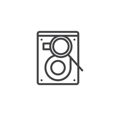 Arama sabit disk disk satırı simgesi, vektör işareti, anahat üzerinde beyaz izole doğrusal stil piktogram. HDD Büyüteç simgesiyle, logo illüstrasyon. Düzenlenebilir kontur