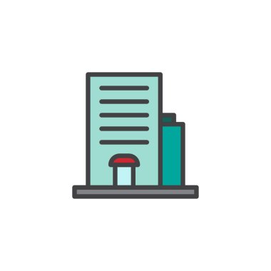 Otel binası doldurulmuş anahat simgesini, çizgi vektör işareti, üzerinde beyaz izole doğrusal renkli sembol. Daire sembolü, logo illüstrasyon. Piksel mükemmel vektör grafikleri