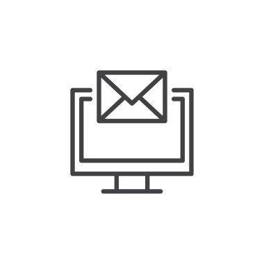 Bilgisayar e-posta iletisi satırı simgesi, anahat vektör işareti üzerinde beyaz izole doğrusal stil piktogram. Masaüstü monitörü zarf simgesi, logo illüstrasyon ile. Düzenlenebilir kontur