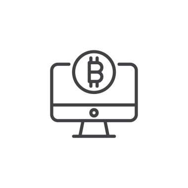 Bitcoin anahat simgesi olan bilgisayar monitörü. Mobil kavramı ve web tasarım için doğrusal stili işaret. Araştırma Kripto sanal para basit çizgi vektör simgesi. Cryptocurrency sembolü, logo illüstrasyon