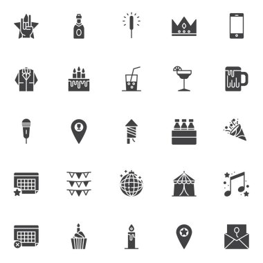 Parti ve olay öğeleri vektör simgeler kümesi, modern katı simgesi toplama, dolgulu tarz piktogram paketi. İşaretler, logo illüstrasyon. Set simgeleri şampanya şişesi, neşeli Noel ışıltı içerir.