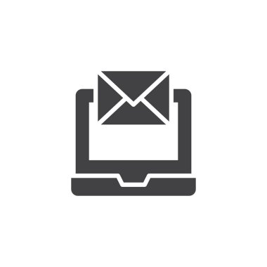Dizüstü bilgisayar ile bir mektup zarf simgesi vektör düz işareti, üzerinde beyaz izole katı piktogram dolu. Sembol, logo illüstrasyon.