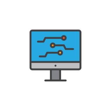 Bilgisayar monitörü doldurulmuş anahat simgesini, çizgi vektör işareti, üzerinde beyaz izole doğrusal renkli sembol. Elektronik devre sembolü, logo illüstrasyon. Piksel mükemmel vektör grafikleri