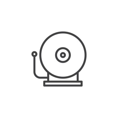 Yangın alarm zili satırı simgesi, anahat vektör işareti üzerinde beyaz izole doğrusal stil piktogram. Alarm ses simgesi, logo illüstrasyon. Düzenlenebilir kontur