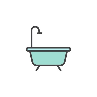 Küvet dolu anahat simgesini, çizgi vektör işareti, üzerinde beyaz izole doğrusal renkli sembol. Duş sembolü, logo illüstrasyon. Piksel mükemmel vektör grafikleri