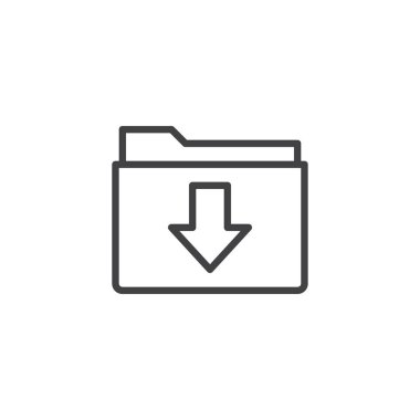 Klasör karşıdan yükleme satırı simgesi, anahat vektör işareti üzerinde beyaz izole doğrusal stil piktogram. Sembol, logo illüstrasyon. Düzenlenebilir kontur