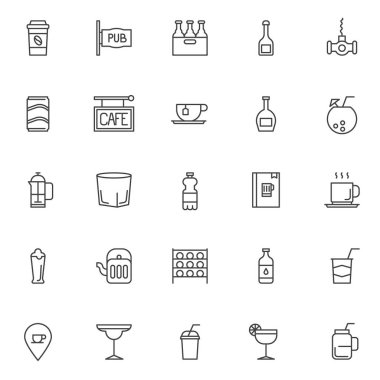 İçecekler Icons set anahat. Doğrusal stil semboller koleksiyonu, hat paketi imzalar. vektör grafikleri. Kahve, pub, bira case, şampanya şişesi, taze kokteyl, götürmek gibi simgeler viski içerir