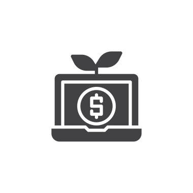 Laptop ile büyüyen para vektör simgesi. Mobil kavramı ve web tasarım için düz işareti dolu. Para ağacını defter basit katı simgesini. Sembol, logo illüstrasyon. 