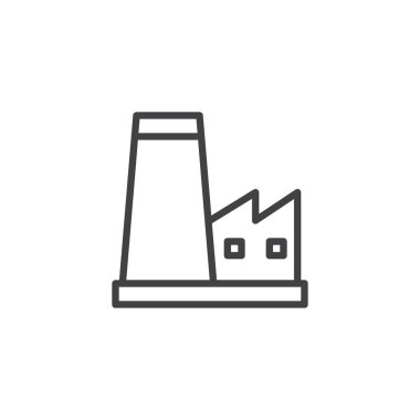 Fabrika satırı simgesi, anahat vektör işareti üzerinde beyaz izole doğrusal stil piktogram. Santral sembolü, logo illüstrasyon. Düzenlenebilir kontur