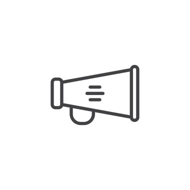 Megafon satırı simgesi, vektör işareti, anahat üzerinde beyaz izole doğrusal stil piktogram. Bullhorn, duyuru sembolü, logo illüstrasyon. Düzenlenebilir kontur