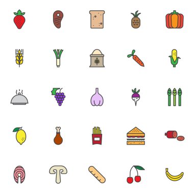 Yiyecek dolu anahat Icons set, çizgi vektör simgesi toplama, doğrusal renkli piktogram paketi. İşaretler, logo illüstrasyon, çilek meyve, et biftek, tost ekmeği, simgeler içerir ananas meyve