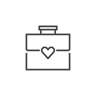 Evrak çantası ile kalp anahat simgesi. Mobil kavramı ve web tasarım için doğrusal stili işaret. Kadının çantası basit çizgi vektör simgesi. Sembol, logo illüstrasyon. Piksel mükemmel vektör grafikleri