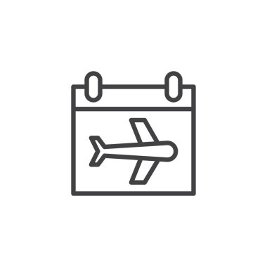 Uçak anahat simgesi olan takvim sayfası. Mobil kavramı ve web tasarım için doğrusal stili işaret. Seyahat programı basit çizgi vektör simgesi. Sembol, logo illüstrasyon. Piksel mükemmel vektör grafikleri
